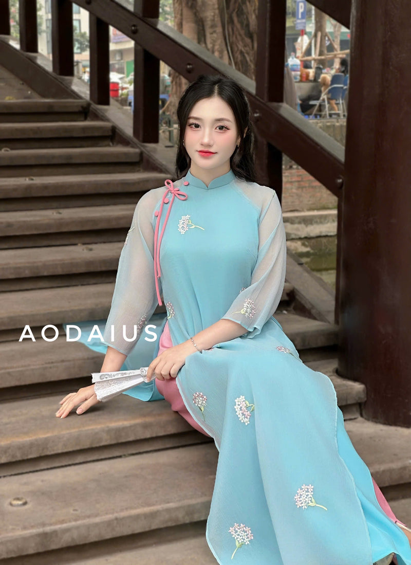 Blue Ao Dai Dress with Flower Bunch | Vietnamese Modernized Dress