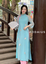 Blue Ao Dai Dress with Flower Bunch | Vietnamese Modernized Dress