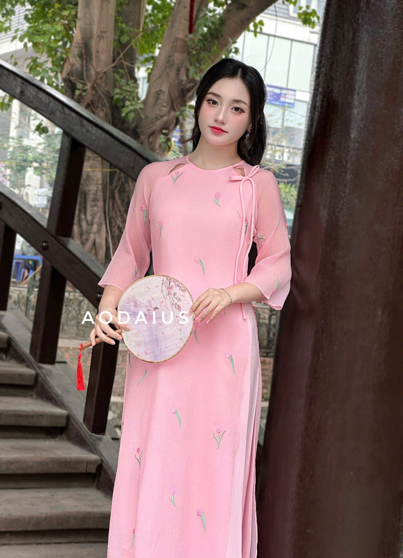 Pink Lily Embroidered Ao Dai Dress | Vietnamese Modernized Dress Ao Dai US Pink Lily Embroidered Ao Dai Dress | Vietnamese Modernized Dress Ao Dai US