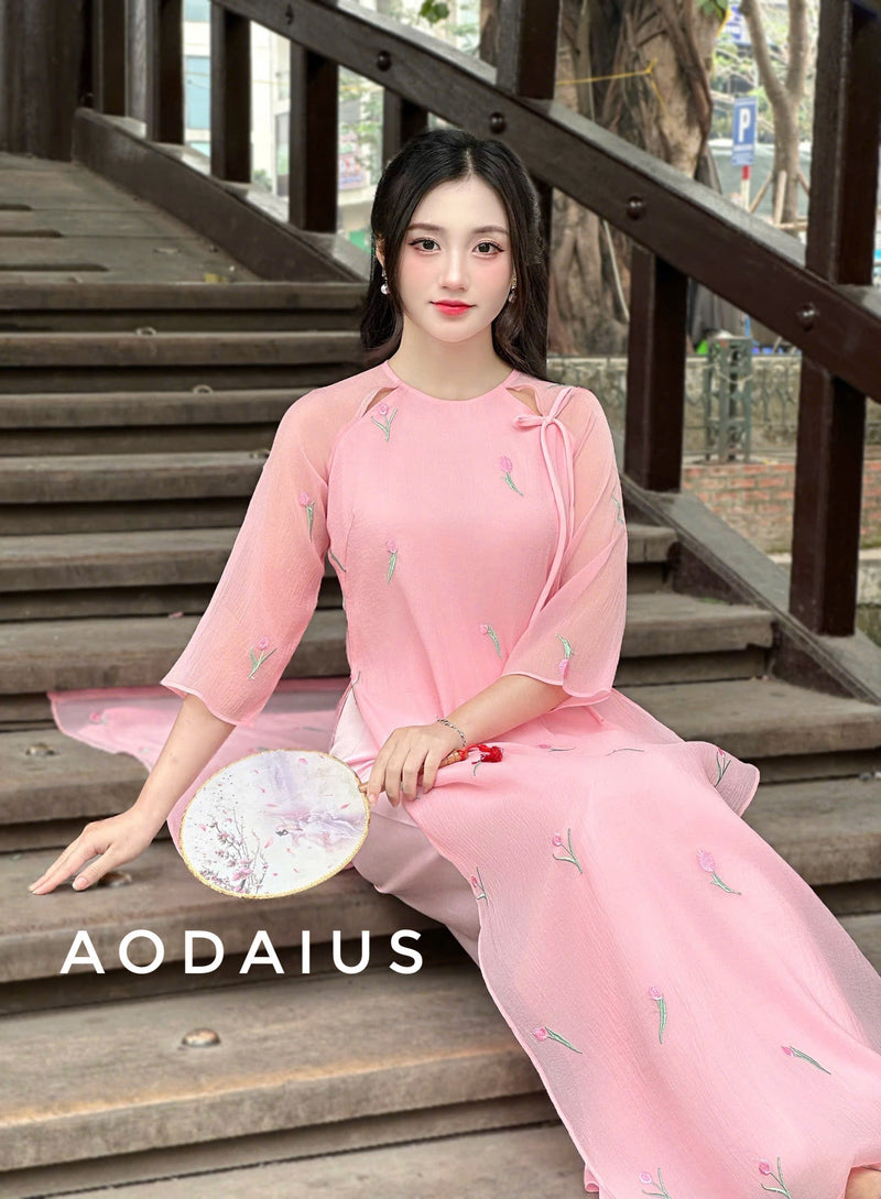 Pink Lily Embroidered Ao Dai Dress Pink Lily Embroidered Ao Dai Dress