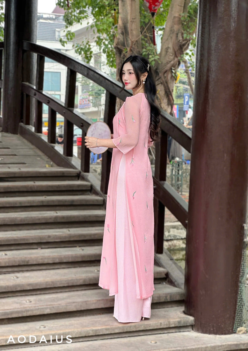 Pink Lily Embroidered Ao Dai Dress Pink Lily Embroidered Ao Dai Dress