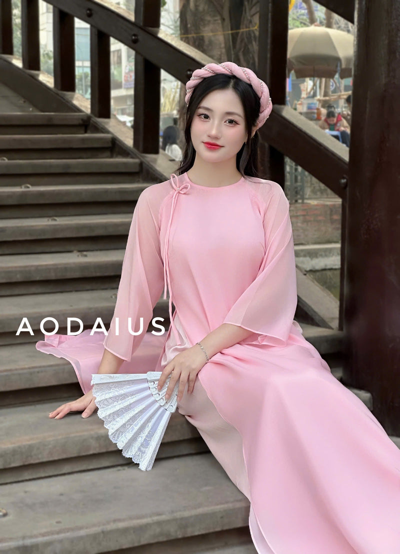 Pink Plain Ao Dai For Women Set With Headpiece | Vietnamese Modernized Dress