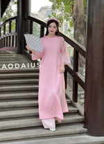 Pink Plain Ao Dai For Women Set With Headpiece | Vietnamese Modernized Dress