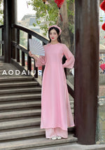 Pink Plain Ao Dai For Women Set With Headpiece | Vietnamese Modernized Dress