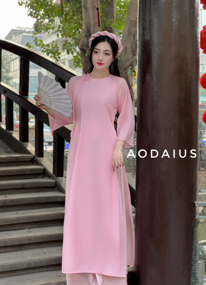 Pink Plain Ao Dai For Women Set With Headpiece | Vietnamese Modernized Dress