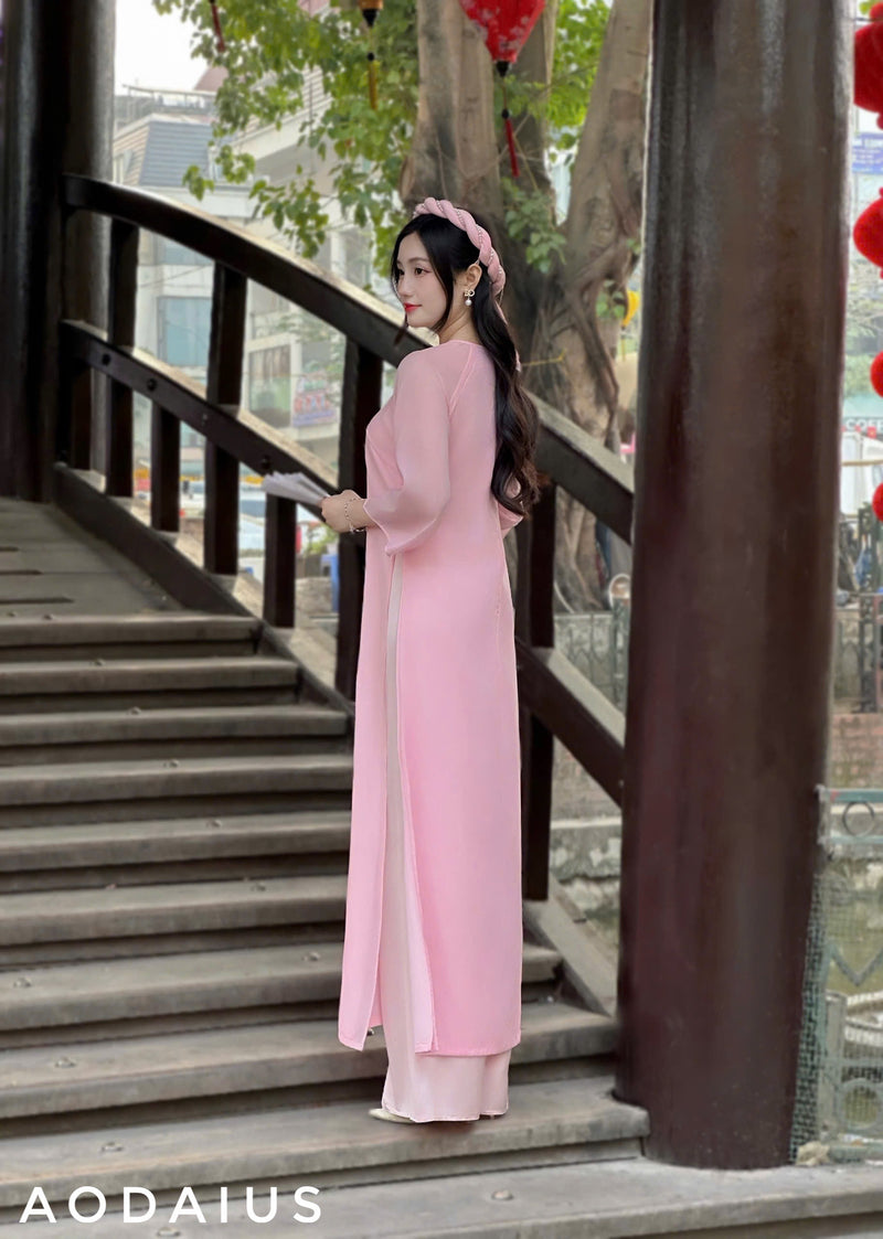 Pink Plain Ao Dai For Women Set With Headpiece | Vietnamese Modernized Dress