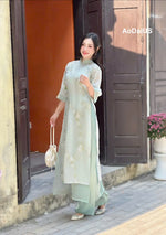 Cream\ Light Green Floral Embroidered Ao Dai Modern | Vietnamese Modernized Dress - I3