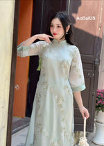 Cream\ Light Green Floral Embroidered Ao Dai Modern | Vietnamese Modernized Dress - I3