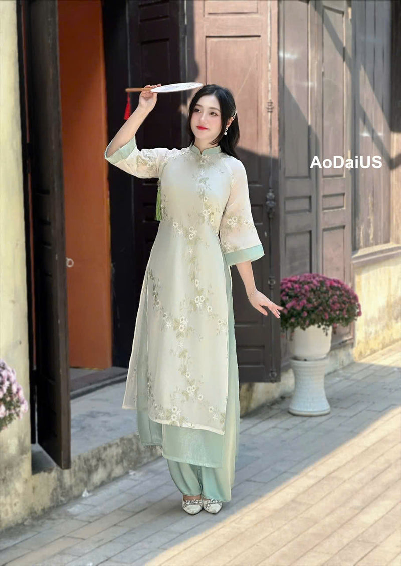 Cream\ Light Green Floral Embroidered Ao Dai Modern | Vietnamese Modernized Dress - I3