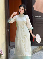 Cream\ Light Green Floral Embroidered Ao Dai Modern | Vietnamese Modernized Dress - I3