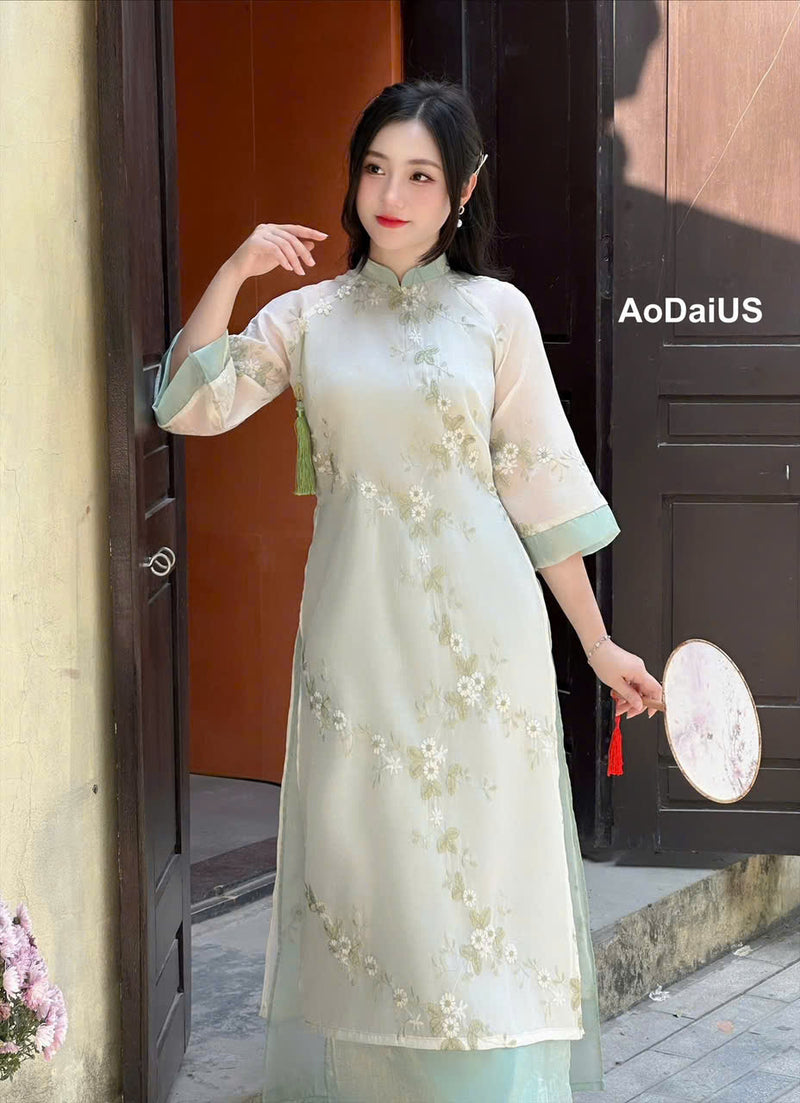 vietnamese formal dress Cream\ Light Green Floral Embroidered Ao Dai Modern