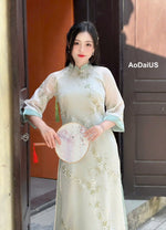 Cream\ Light Green Floral Embroidered Ao Dai Modern | Vietnamese Modernized Dress - I3