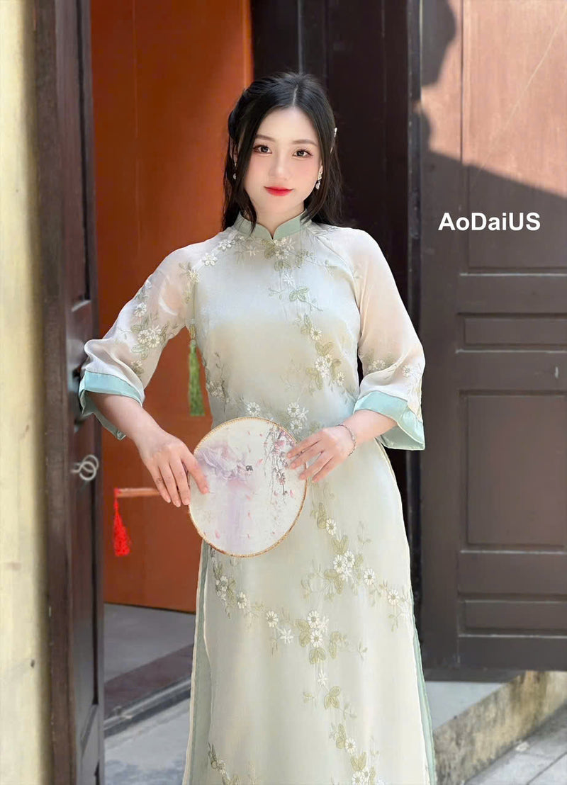 Cream\ Light Green Floral Embroidered Ao Dai Modern | Vietnamese Modernized Dress - I3