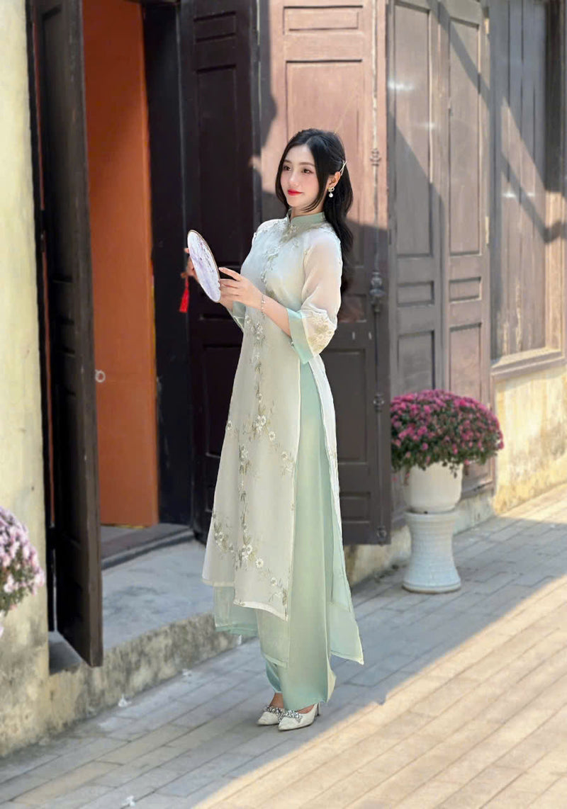 Cream\ Light Green Floral Embroidered Ao Dai Modern Cream\ Light Green Floral Embroidered Ao Dai Modern