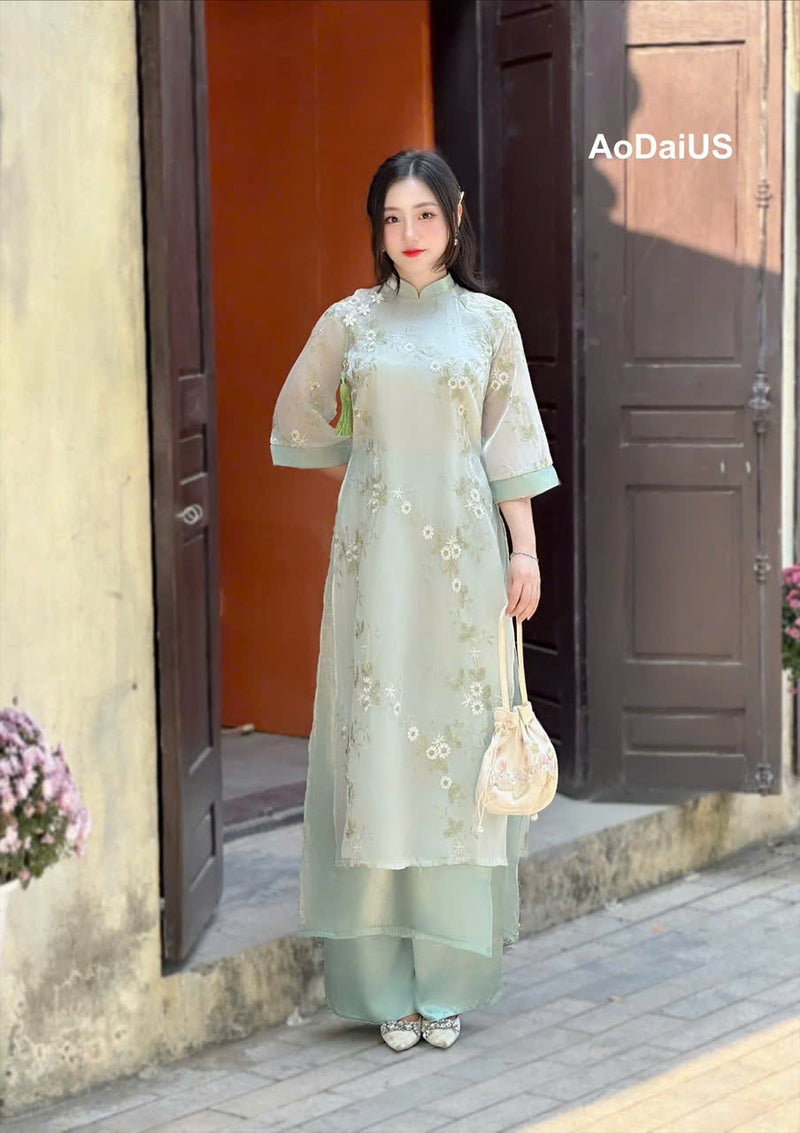 Cream\ Light Green Floral Embroidered Ao Dai Modern | Vietnamese Moder Ao Dai US Cream\ Light Green Floral Embroidered Ao Dai Modern | Vietnamese Moder Ao Dai US