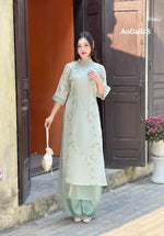 Cream\ Light Green Floral Embroidered Ao Dai Modern | Vietnamese Modernized Dress - I3