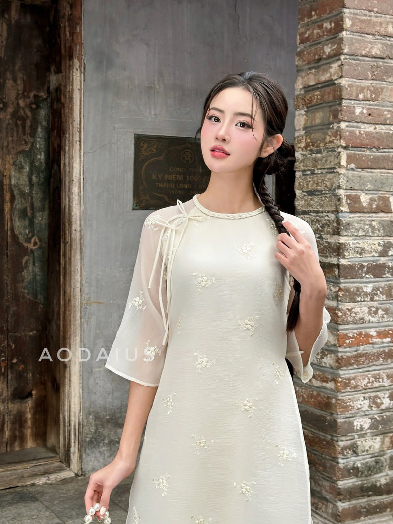 White\Pink Floral Embroidered  Modern Vietnamese Ao Dai Set | Bridesmaid Ao Dai Dress