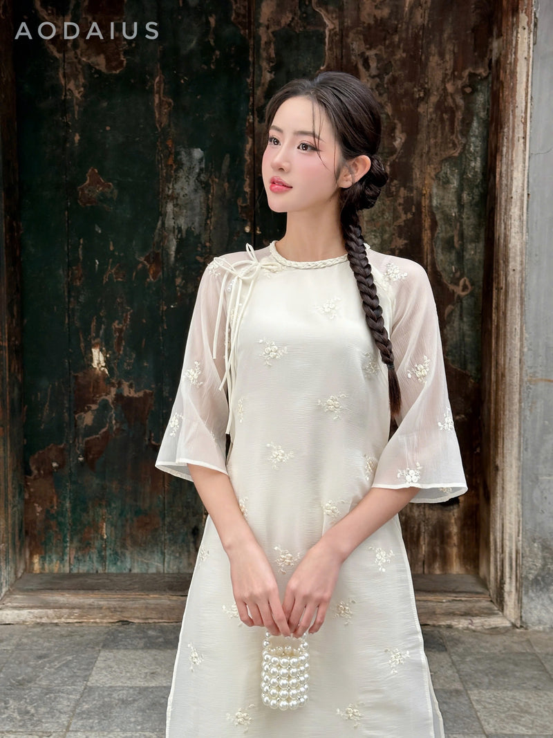 White\Pink Floral Embroidered  Modern Vietnamese Ao Dai Set | Bridesmaid Ao Dai Dress