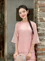 White\Pink Floral Embroidered  Modern Vietnamese Ao Dai Set | Bridesmaid Ao Dai Dress