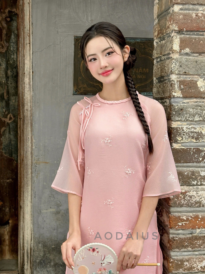 White\Pink Floral Embroidered  Modern Vietnamese Ao Dai Set | Bridesmaid Ao Dai Dress