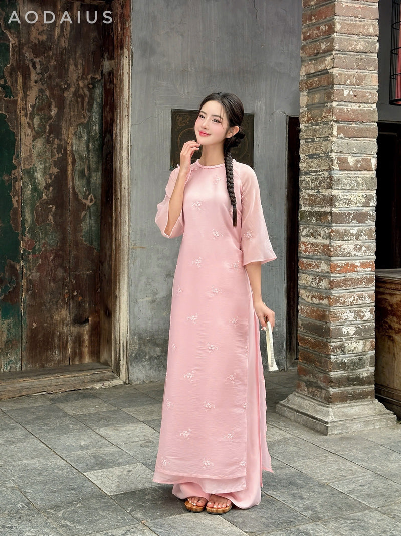 White\Pink Floral Embroidered  Modern Vietnamese Ao Dai Set | Bridesmaid Ao Dai Dress