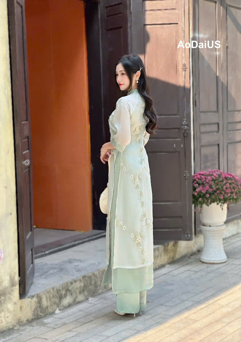 Cream\ Light Green Floral Embroidered Ao Dai Modern | Vietnamese Moder Ao Dai US Cream\ Light Green Floral Embroidered Ao Dai Modern | Vietnamese Moder Ao Dai US