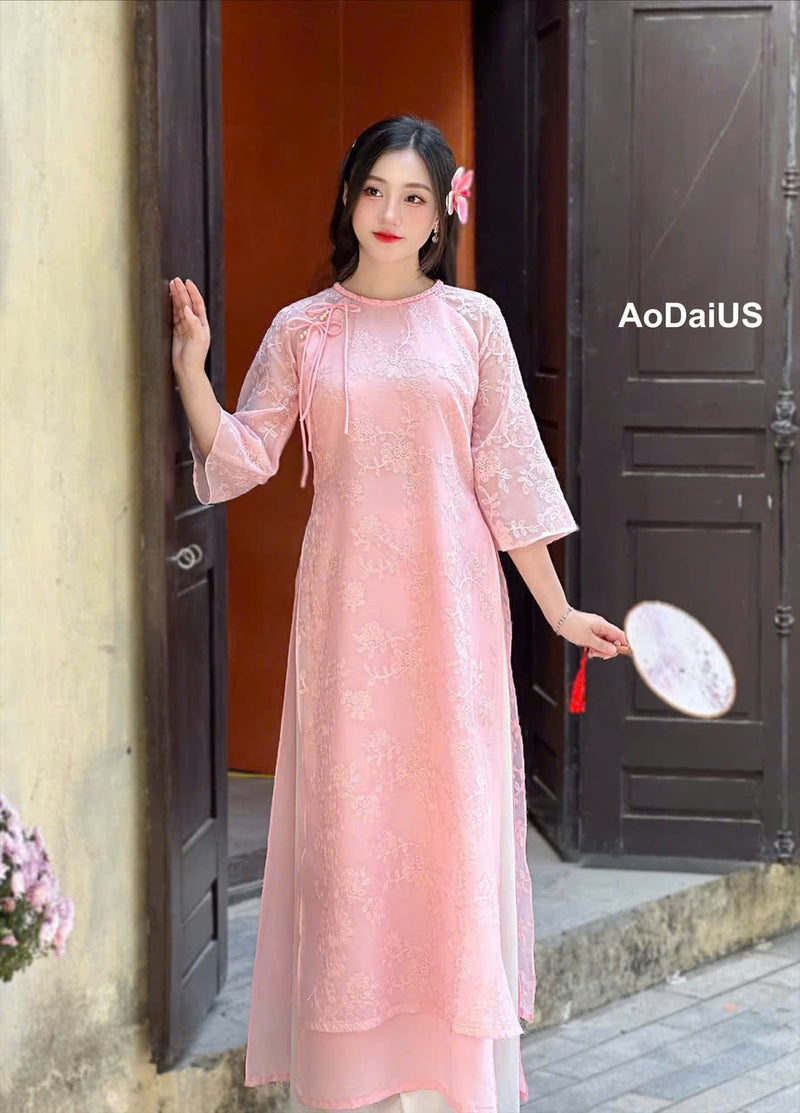 Pink Floral Embroidered Ao Dai Modern Vietnamese Modernized Dress- No Pants i3