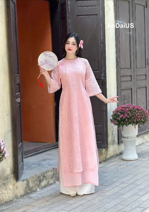Pink Floral Embroidered Ao Dai Modern | Vietnamese Modernized Dress- No Pants | i3