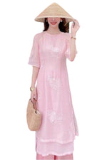 Pre-made Pink Embroidered Modernized Ao Dai Set | Vietnamese Ao Dai | Áo Dài Cách Tân