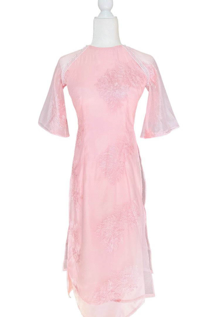 Pre-made Pink Embroidered Modernized Ao Dai Set | Vietnamese Ao Dai | Áo Dài Cách Tân