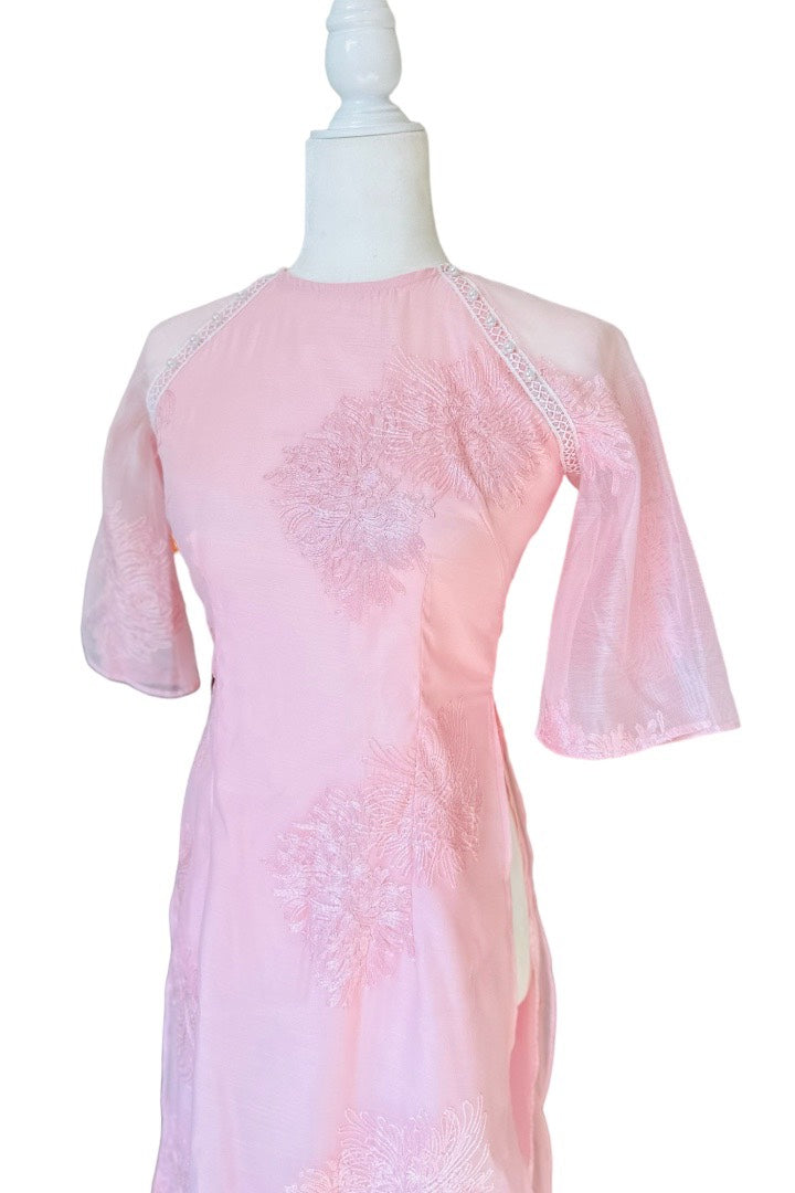 Pre-made Pink Embroidered Modernized Ao Dai Set | Vietnamese Ao Dai | Áo Dài Cách Tân