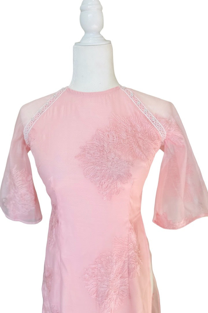 Pre-made Pink Embroidered Modernized Ao Dai Set | Vietnamese Ao Dai | Áo Dài Cách Tân