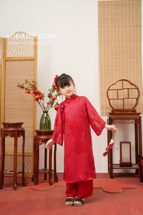 Youthful Floral Red Mother Daughter Matching Ao Dai | Family Áo Dài Set O5