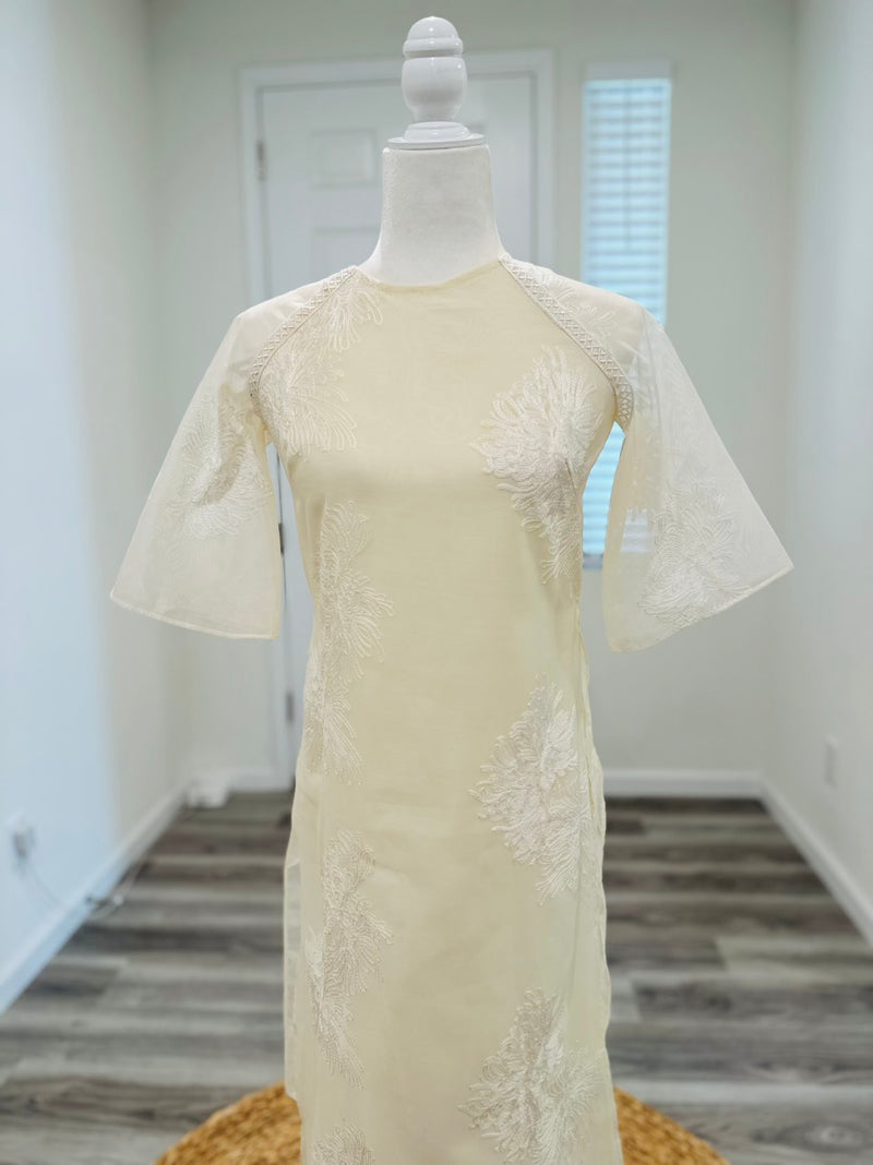 Pre-made Cream Embroidered Modernized Ao Dai Set | Vietnamese Ao Dai | Áo Dài Cách Tân