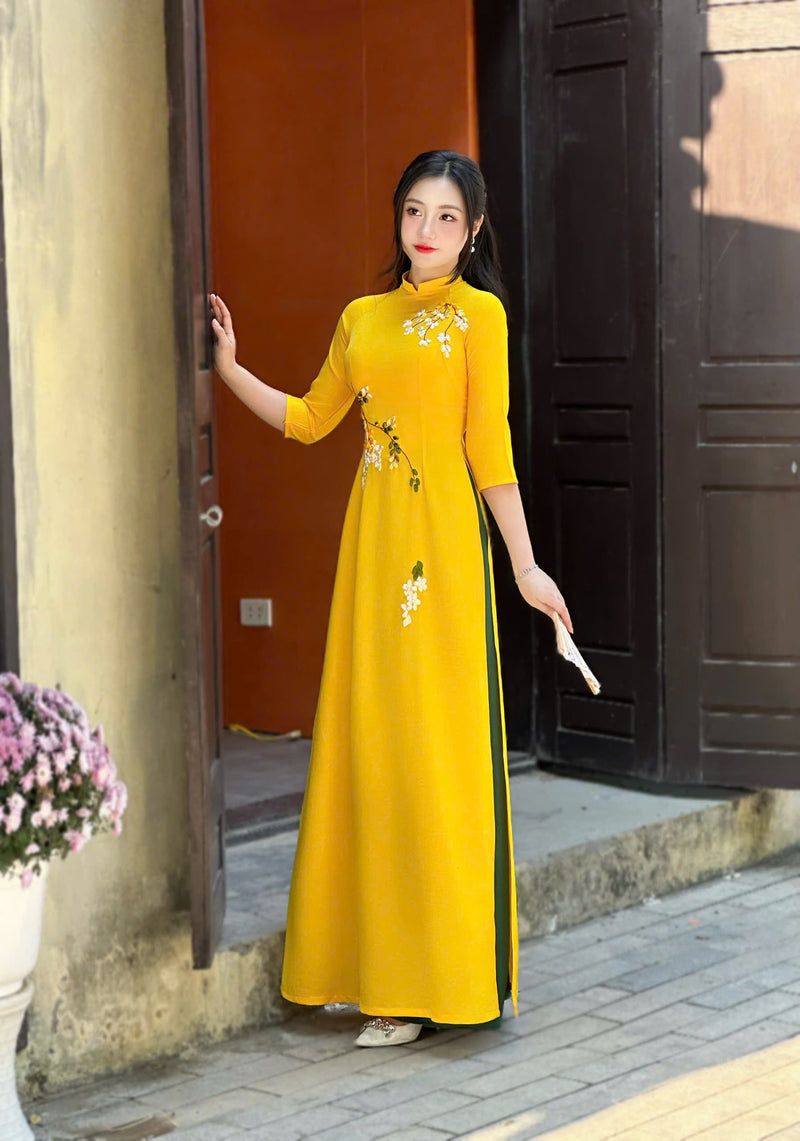 Yellow Ao Dai With Ribbon Floral | Áo Dài Truyền Thống