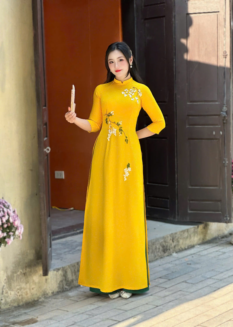 Yellow Ao Dai With Ribbon Floral | Áo Dài Truyền Thống