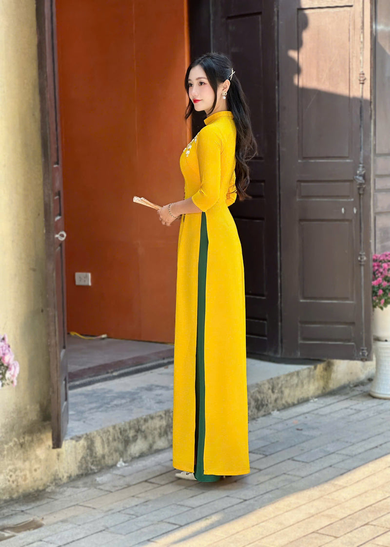 Yellow Ao Dai With Ribbon Floral | Áo Dài Truyền Thống