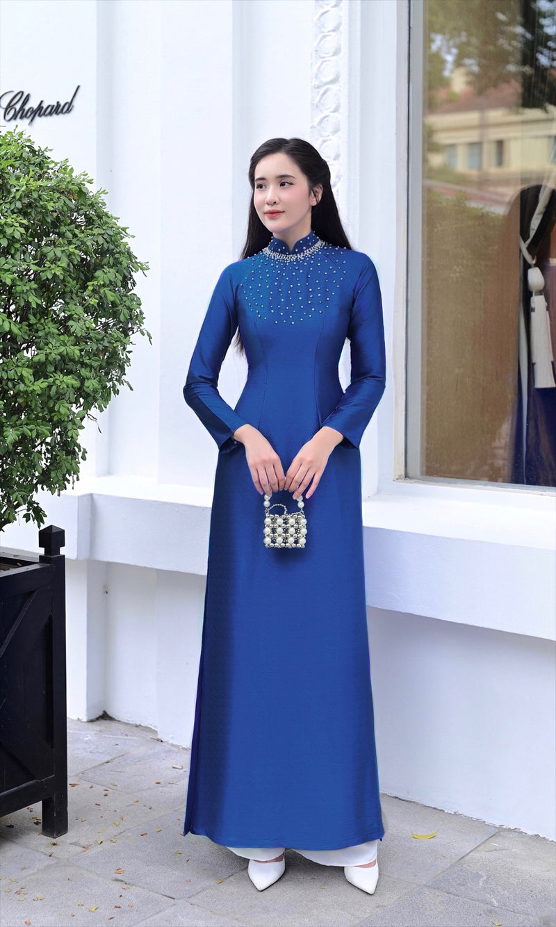 Blue Pearl Grace Traditional Vietnamese Ao Dai No Pants D3