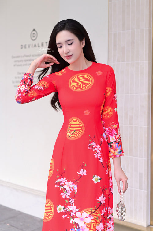 Red Fortune Blossom Vietnamese Traditional Ao Dai No Pants | Áo Dài Truyền Thống K20