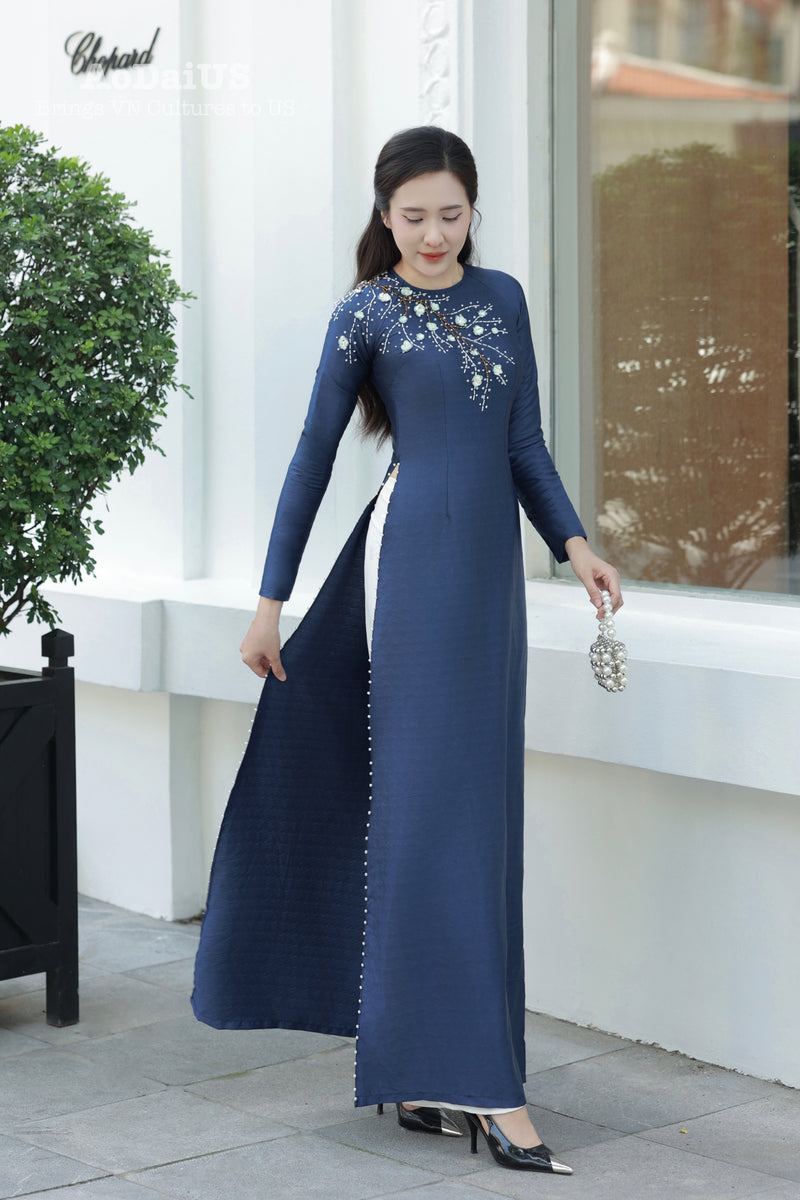 3D Floral with Crystal Dark Blue Traditional Vietnamese Ao Dai No Pants