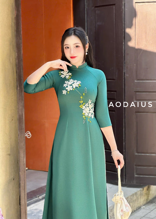 Green Ao Dai With Ribbon Floral | Áo Dài Truyền Thống D7