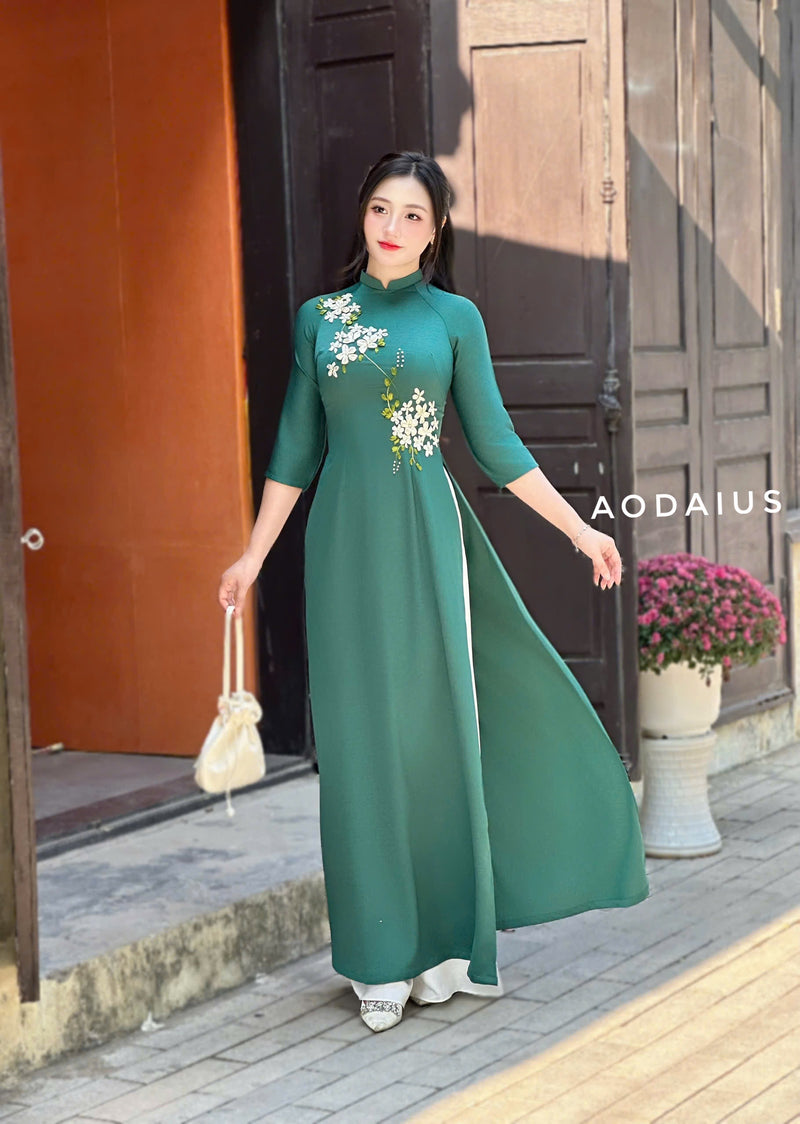 Green Ao Dai With Ribbon Floral | Áo Dài Truyền Thống