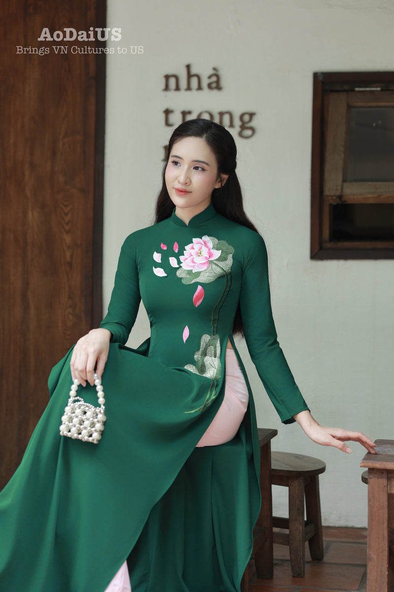 Elegant Navy Lotus Vietnamese Traditional Ao Dai Set A3
