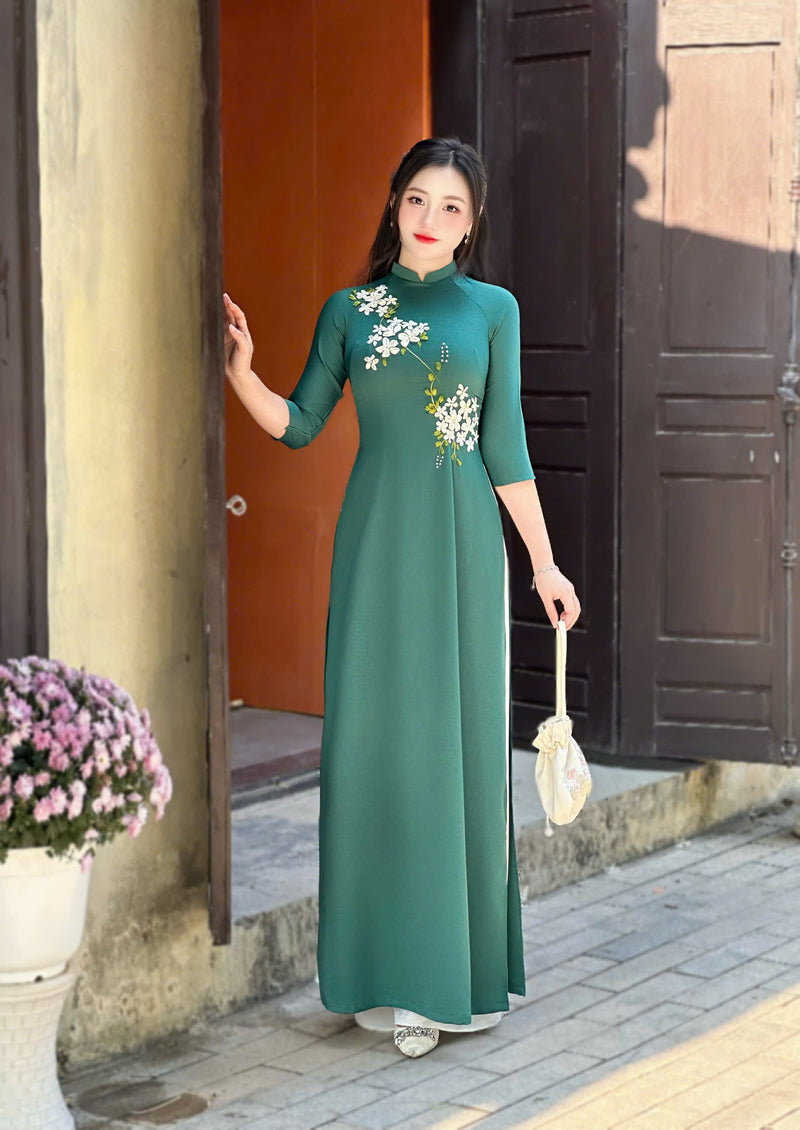 Green Ao Dai With Ribbon Floral | Áo Dài Truyền Thống