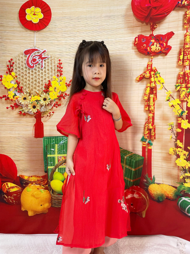 Red Ao Dai With Round Collar | Ao Dai For Infant, Toddler, Teen Girls