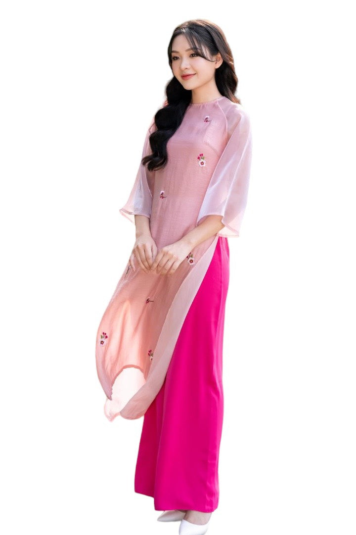 Pink Modernized Vietnamese Dress | Ao Dai With Round Neck | Ao Dai Viet Nam | Áo Dài Cách Tân