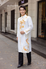 White Dragon Embroidery Men Ao Dai | Áo Dài Nam Trắng Thêu Rồng F26