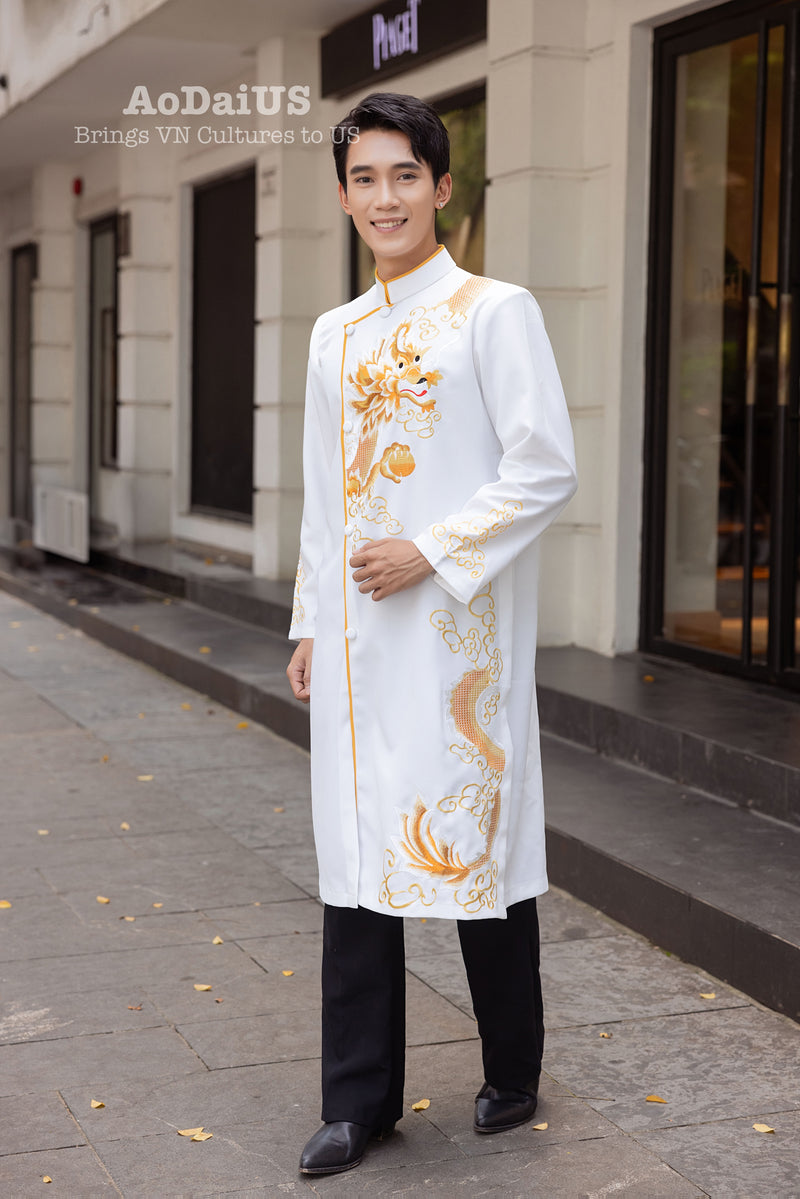 White Dragon Embroidery Men Ao Dai | Áo Dài Nam Trắng Thêu Rồng F26