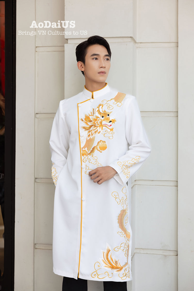 White Dragon Embroidery Men Ao Dai | Áo Dài Nam Trắng Thêu Rồng F26