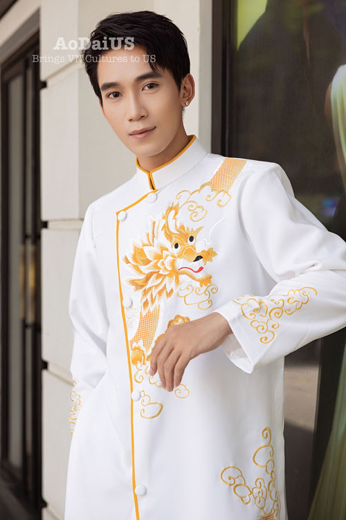 White Dragon Embroidery Men Ao Dai | Áo Dài Nam Trắng Thêu Rồng F26